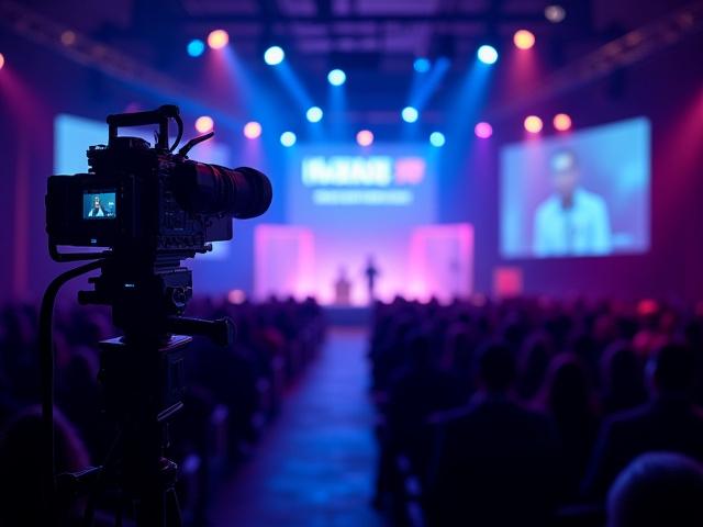 A live streaming event setup with cameras, lights, and a speaker on stage. The image conveys energy and professional production.