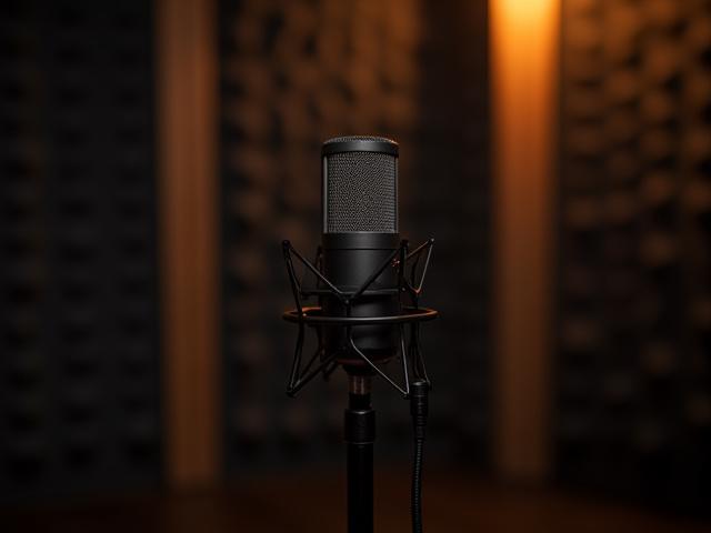 Microphone in a recording studio, symbolizing audio production. Focus on the microphone with a blurred background of sound panels.